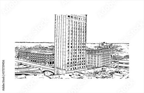 Building view with landmark of Aurora is a city in DuPage, Kane, Kendall, and Will counties in the U.S. Hand drawn sketch illustration in vector.