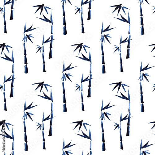 Fototapeta Naklejka Na Ścianę i Meble -  Seamless floral pattern with bamboo on white background, traditional Japanese ink painting in sumi-e style.