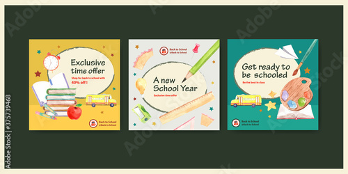 Back to school and education concept with advertising template for brochure and leaflet watercolor Vector Illustration.