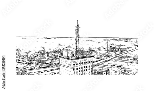 Building view with landmark of Aurora is a city in DuPage, Kane, Kendall, and Will counties in the U.S. Hand drawn sketch illustration in vector.