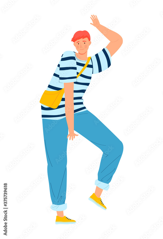 Happy people, active entertainment, dancing boy with red hair, modern  youth, cartoon style vector illustration, isolated on white. White. male  dancer at party, man at disco in fashionable clothes. Stock Vector |