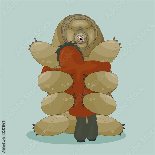 Cartoon vector Human in winter or autumn coat gives a huge hug to tardigrade on blue background. Water piglet and woman or man is not alone anymore