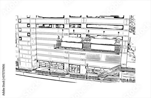 Building view with landmark of Aurora is a city in DuPage, Kane, Kendall, and Will counties in the U.S. Hand drawn sketch illustration in vector.
