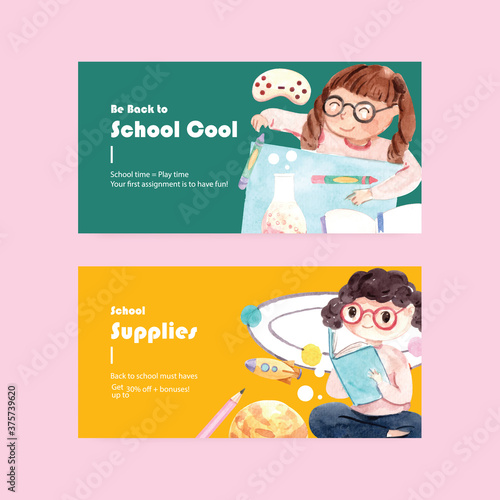 Back to school and education concept with twitter template for advertising online and digital marketing watercolor Vector Illustration.