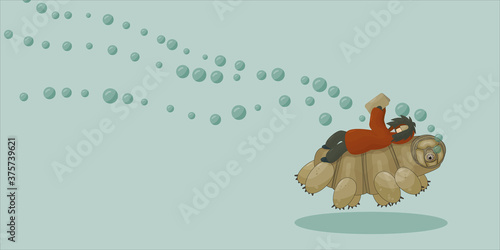 Cartoon vector Human in winter or autumn coat is lying on their back and reading a book on tardigrade on blue background. Happy moss Piglet is jumping and swimming underwater with bubbles