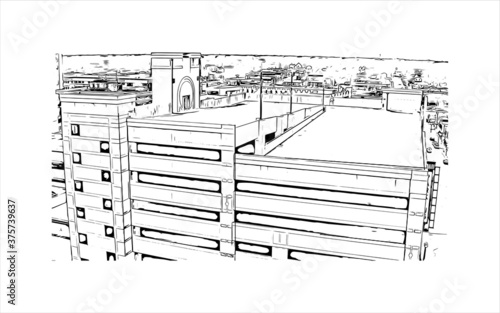 Building view with landmark of Aurora is a city in DuPage, Kane, Kendall, and Will counties in the U.S. Hand drawn sketch illustration in vector.