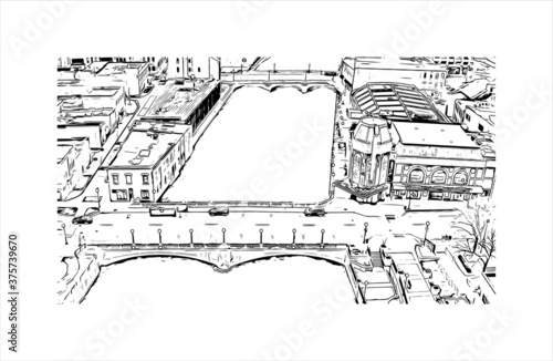 Building view with landmark of Aurora is a city in DuPage, Kane, Kendall, and Will counties in the U.S. Hand drawn sketch illustration in vector.