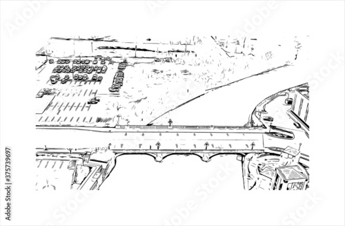 Building view with landmark of Aurora is a city in DuPage, Kane, Kendall, and Will counties in the U.S. Hand drawn sketch illustration in vector.