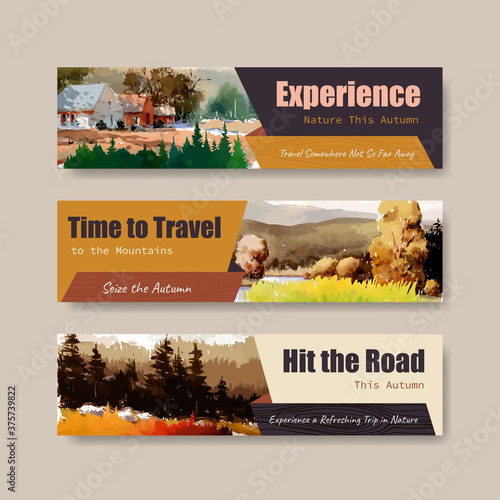 Banner template with landscape in autumn design for marketing and leaflet.Fall seasons watercolor vector illustration