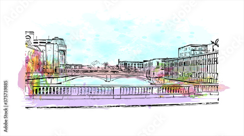Building view with landmark of Aurora is a city in DuPage, Kane, Kendall, and Will counties in the U.S. Watercolour splash with hand drawn sketch illustration in vector.