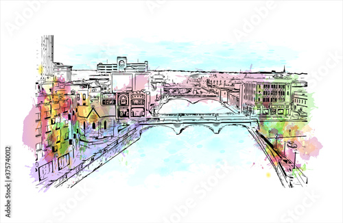 Building view with landmark of Aurora is a city in DuPage, Kane, Kendall, and Will counties in the U.S. Watercolour splash with hand drawn sketch illustration in vector.