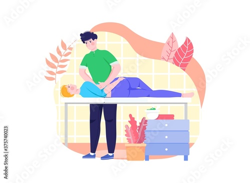 People massage, professional relax therapy, medical health care, male masseur, cartoon vector illustration, isolated on white. Woman lies couch, medicine wellness useful lifestyle therapist specialist