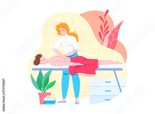 People massage, spa therapy, back care and treatment, relaxation rest body, cartoon style vector illustration, isolated on white. Girl beautician, health and skin care, health improvement lifestyle.