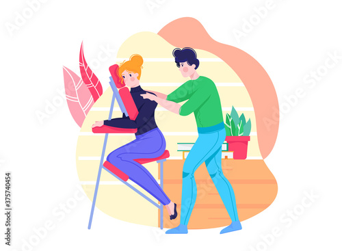 Massage people, osteoporosis disease after injury, in sports, physical health care, cartoon vector illustration, isolated on white. Male orthopedist, physiotherapist services chiropractor treats woman