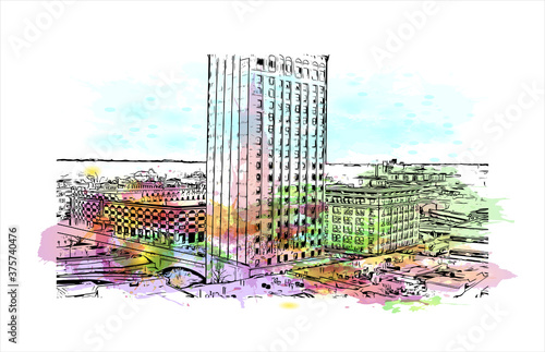 Building view with landmark of Aurora is a city in DuPage, Kane, Kendall, and Will counties in the U.S. Watercolour splash with hand drawn sketch illustration in vector.