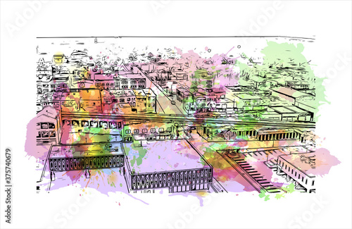 Building view with landmark of Aurora is a city in DuPage, Kane, Kendall, and Will counties in the U.S. Watercolour splash with hand drawn sketch illustration in vector.