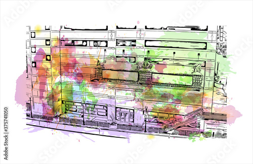 Building view with landmark of Aurora is a city in DuPage, Kane, Kendall, and Will counties in the U.S. Watercolour splash with hand drawn sketch illustration in vector.