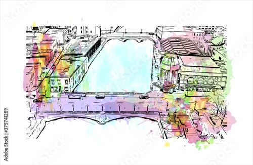 Building view with landmark of Aurora is a city in DuPage, Kane, Kendall, and Will counties in the U.S. Watercolour splash with hand drawn sketch illustration in vector.