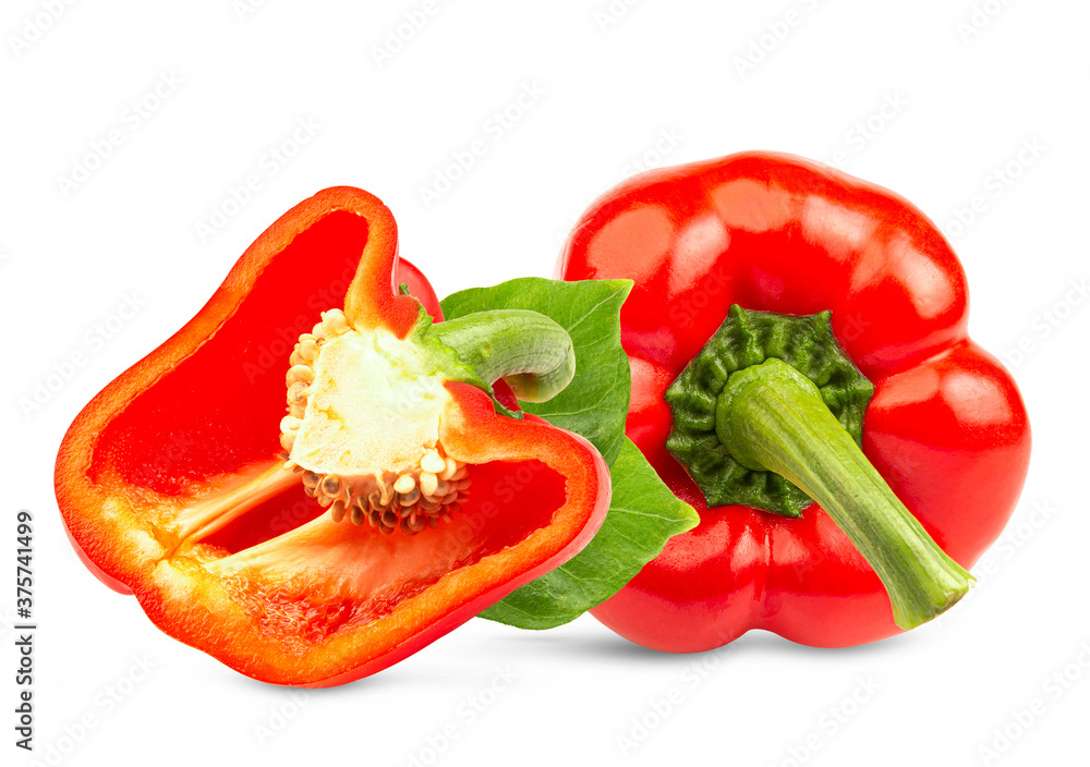 fresh red bell pepper (capsicum) and a cut one on a white background fresh red bell pepper (capsicum) and a cut one on a white background