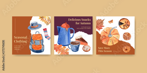 Ads template with autumn daily concept design for advertising and marketing watercolor vector illustration.