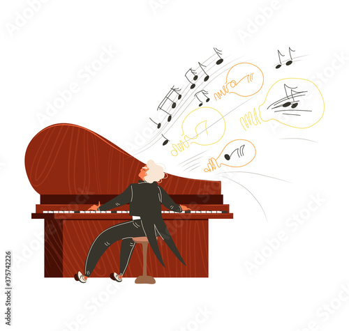 Interesting idea, people certain profession, male instrumentalist in suit, cartoon style vector illustration, isolated on white. Human pianist theatrical musical instrument, professional piano playing