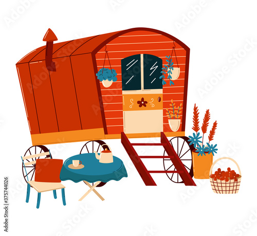 Vans trailers for summer travel, cozy retro cafe on wheels, modern transport, cartoon style vector illustration, isolated on white. Convenient picnic table, flowerpots in pots, outdoor recreation.