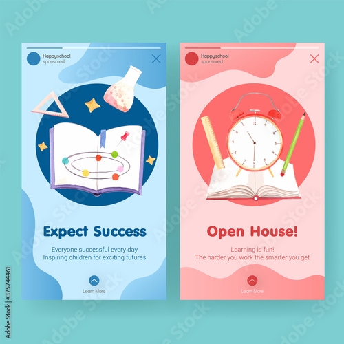 Back to school and education concept with instagram template for social media and digital marketing watercolor Vector Illustration.