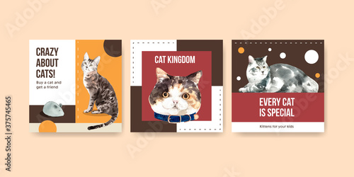 Advertise template design with  cat for leaflet and marketing watercolor illustration