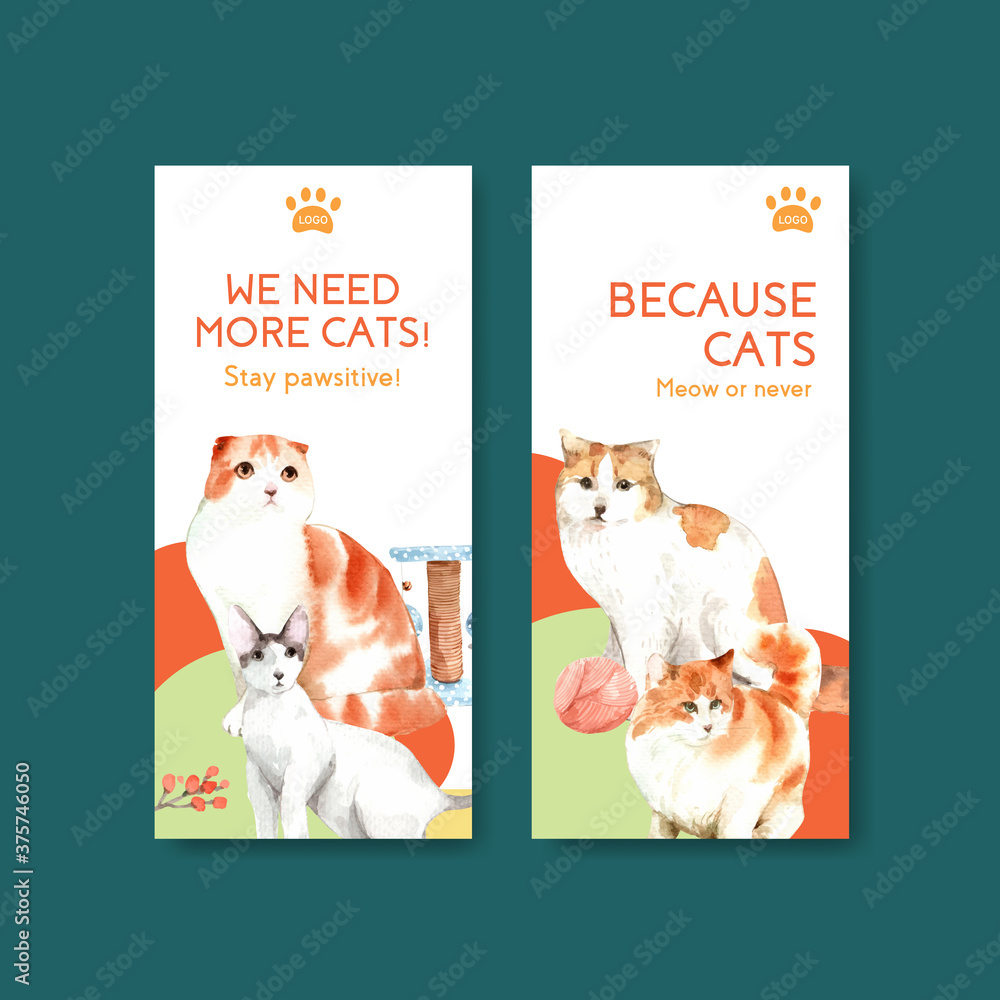 Fototapeta premium Flyer template design with cute cat for brochure,advertise and leaflet watercolor illustration