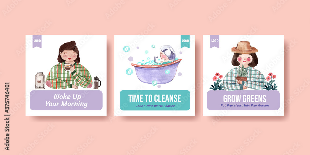 Daily life ads template design for brochure and marketing  watercolor illustration