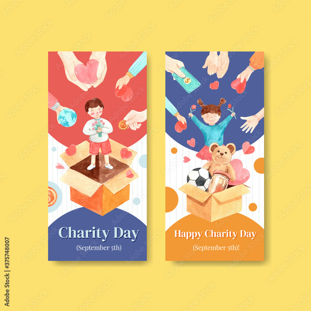 Fototapeta premium International Day of Charity flyer concept design with brochure and leaflet watercolor vector.