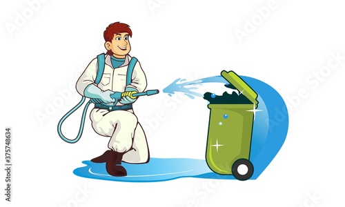 Vector Mascot Illustration of a Person Cleaning Garbage Can