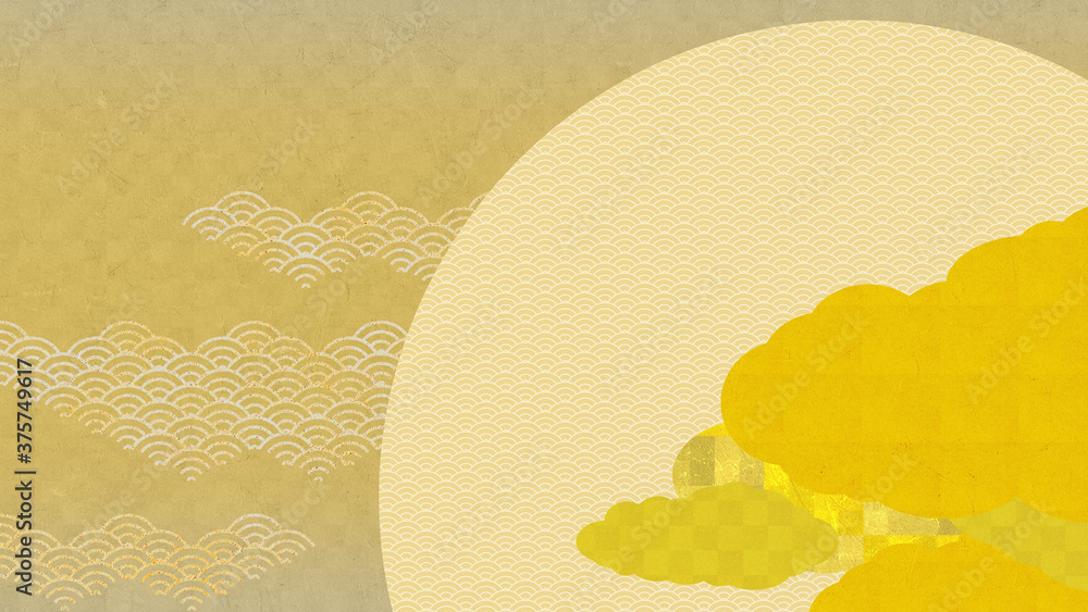 市松模様。円の中は波の模様。金の背景。日本の伝統模様。月。雲。
Checkered pattern. The inside of the circle is a wave pattern. Gold background. Japanese traditional pattern. Moon. cloud.