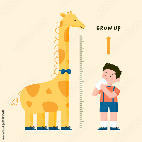 Happy cute cartoon little kid boy drink growth milk measure height with giraffe height chart vector illustration