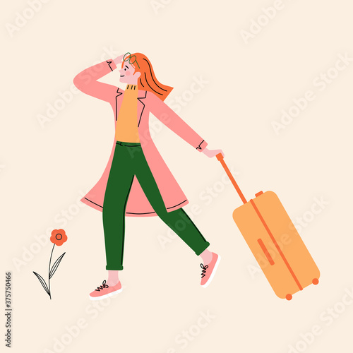 Happy Woman traveler alone with luggage. World tourism day concept