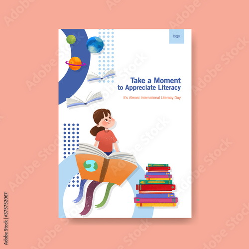 Poster template with International literacy Day concept design for brochure and leaflet watercolor vector.