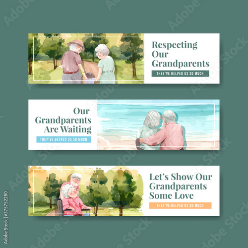 Banner template with national grandparents day concept design for brochure and leaflet watercolor vector.