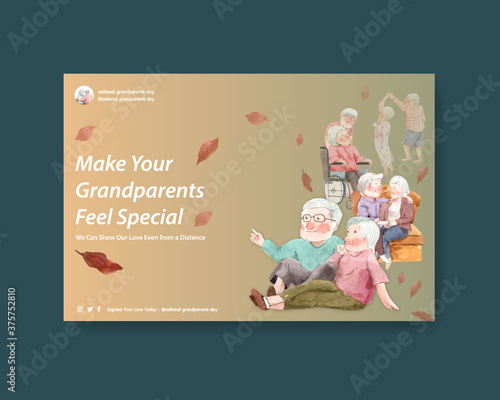 Facebook template with national grandparents day concept design for social media and online marketing watercolor vector.