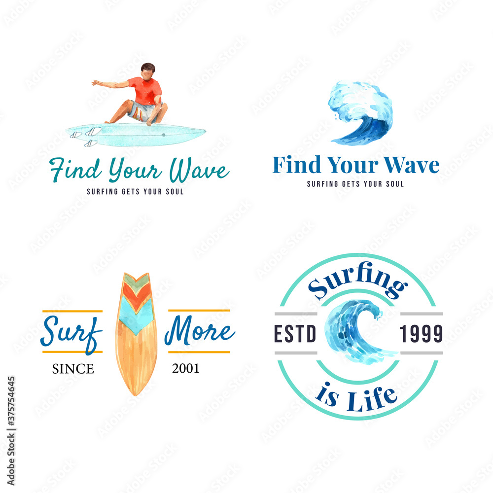 Logo with surfboards at beach design for brochure and marketing watercolor vector illustration Logo with surfboards at beach design for brochure and marketing watercolor vector illustration