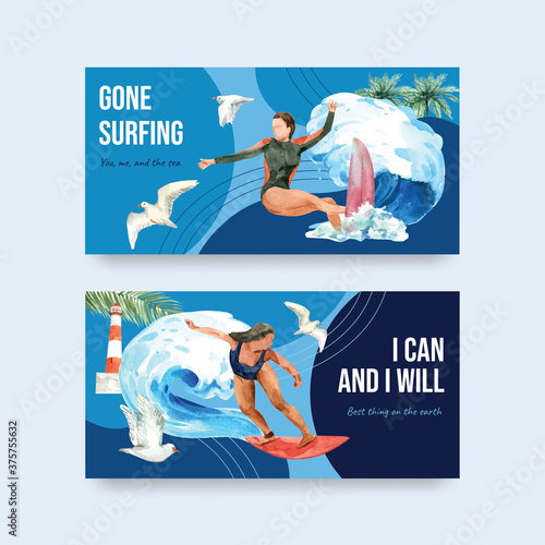 Twitter template with surfboards at beach design for summer vacation tropical and relaxation watercolor vector illustration