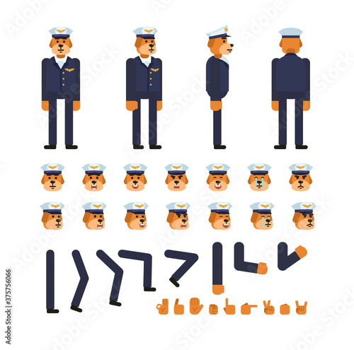 Dog airline pilot character creation kit. Create your own pose, action animation. Minimal design vector illustration