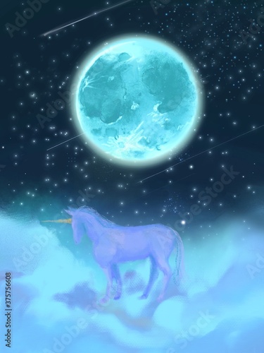 bluely full moon and dreamy unicorn with clouds