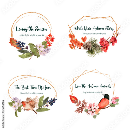 Logo with autumn forest and animals concept design for brand and marketing watercolor vector Illustrations. photo