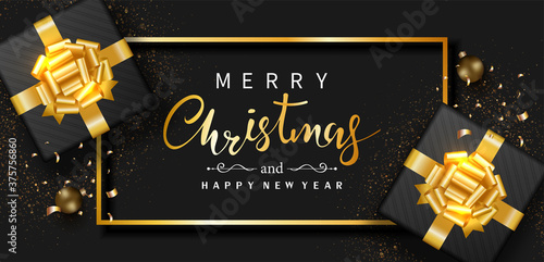 Christmas banner. Merry Christmas and Happy New year. Gift box decorated with gold bow, frame, balls, and confetti, isolated on black background. Xmas holiday. Luxury. Top view. Vector illustration.