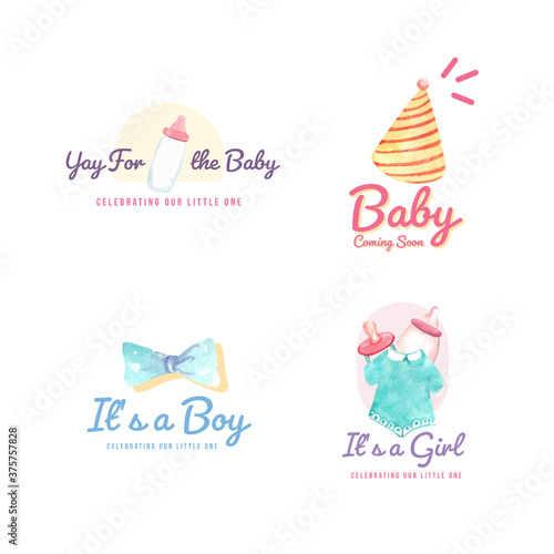 Logo with baby shower design concept for brand and marketing watercolor vector illustration.