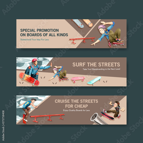 Banner template with skateboard design concept for advertise and brochure watercolor vector illustration.