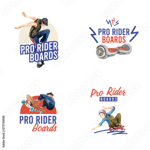 Logo with skateboard design concept for brand and marketing watercolor vector illustration.