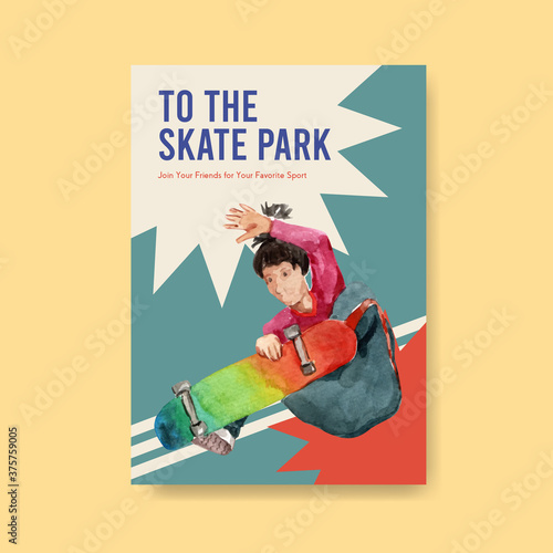 Poster template with skateboard design concept for advertise and marketing watercolor vector illustration.