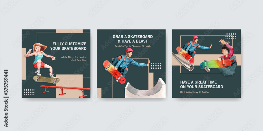 Φωτογραφία Ads template with skateboard design concept for advertise and leaflet watercolor vector illustration