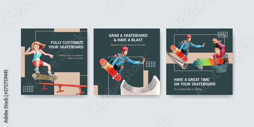 Ads template with skateboard design concept for advertise and leaflet watercolor vector illustration.